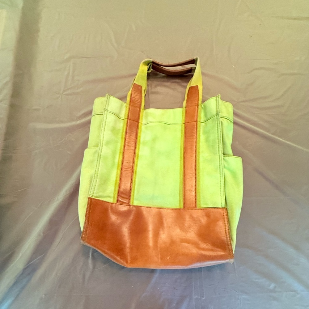 Tory Burch Large Lime Green Canvas Brown Leather Tote Bag MSRP $358 - Picture 9 of 16